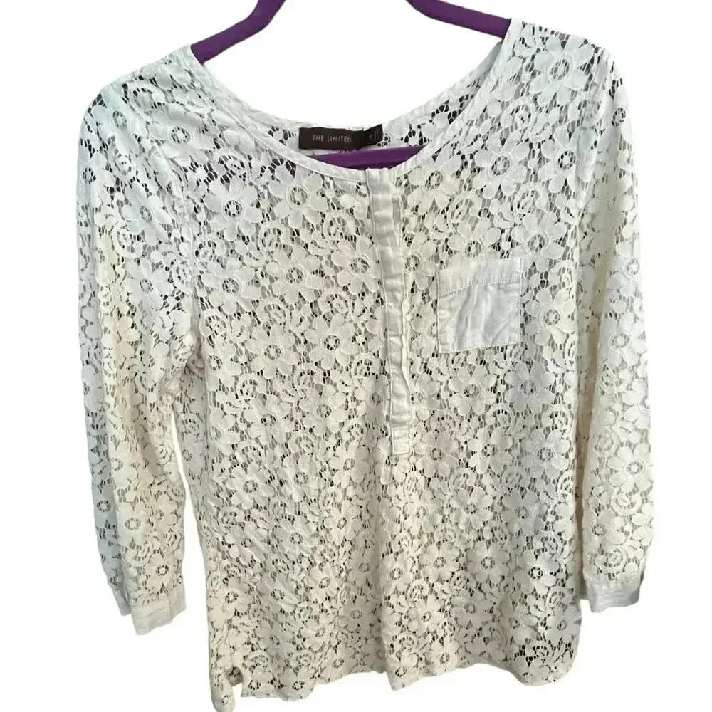 The Limited Women Small Blouse Cream Cotton Lace Floral Whimsy Fairy‎ Classic